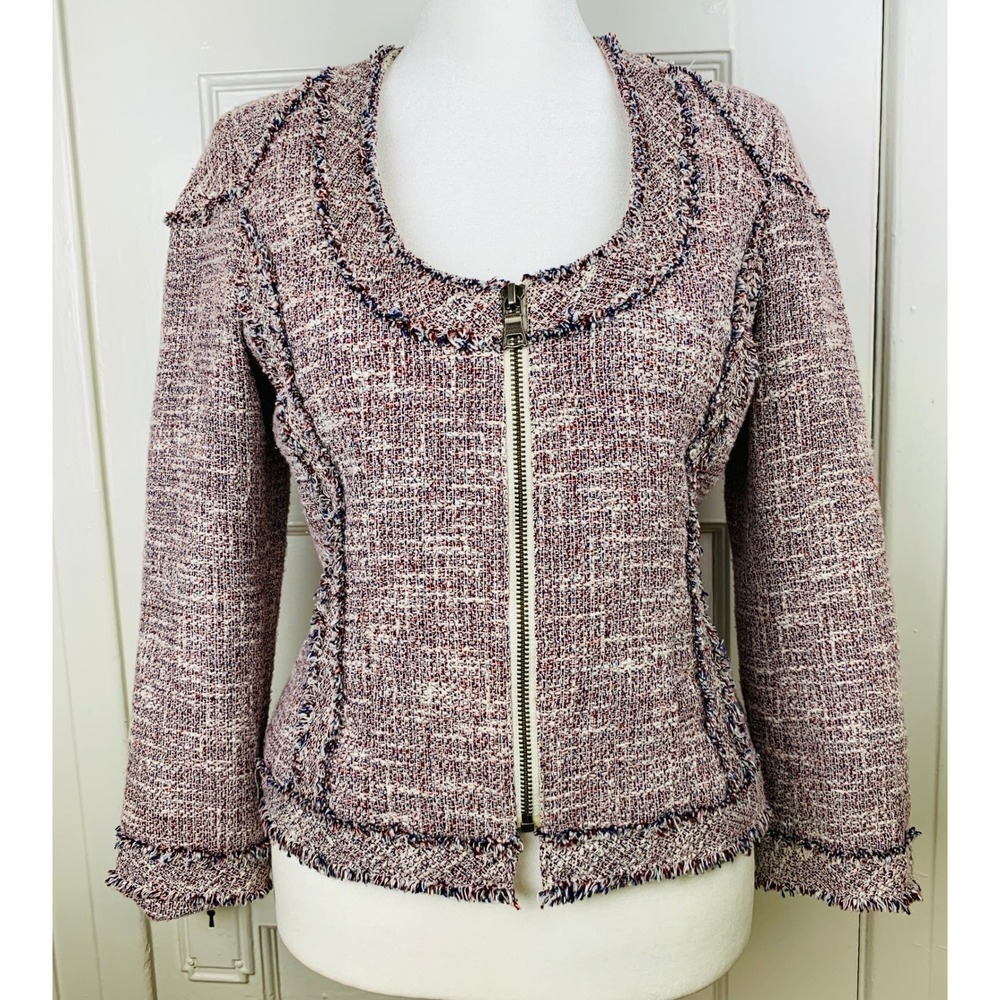 Banana Republic Frayed‎ Boucle Tweed Zip Front Linen Blend Cropped Jacket / 2 - Picture 13 of 16